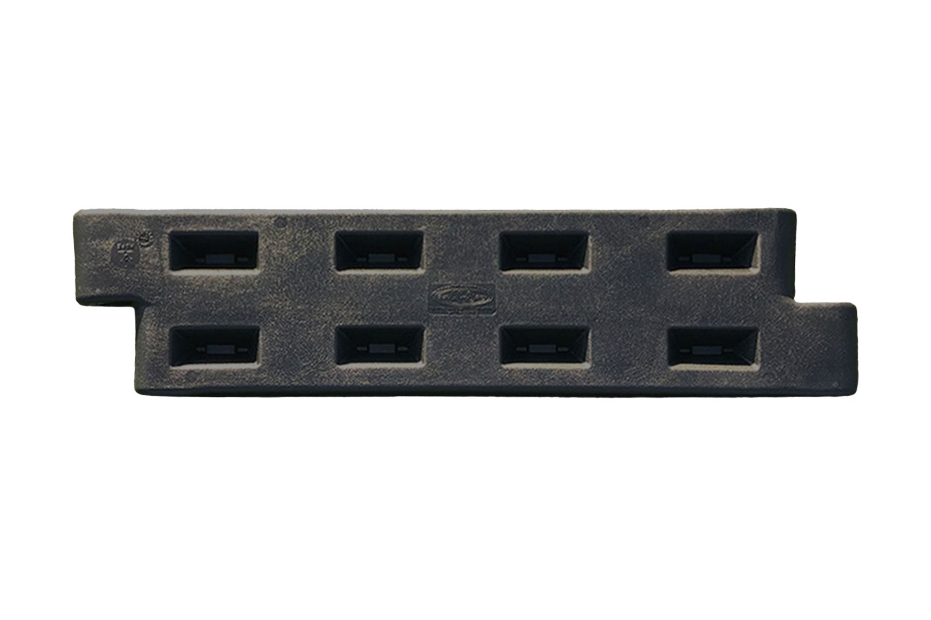 Overhead view of black durable recycled Plastic Playground Border with Spike, featuring rectangular cutouts and integrated surfacing guide