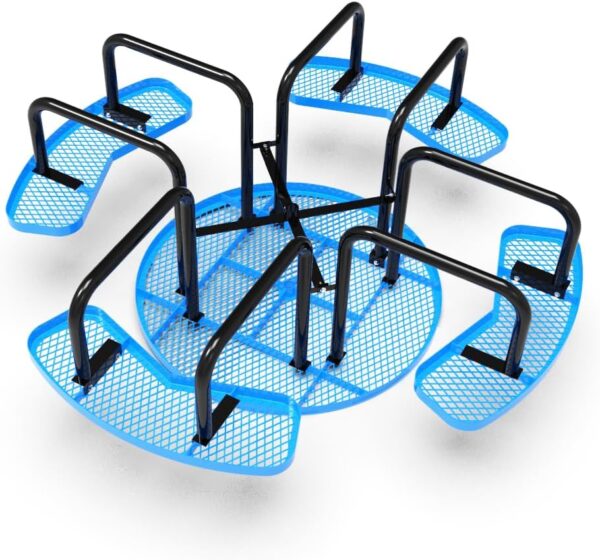 Blue round picnic table underside showing seat supports, top view