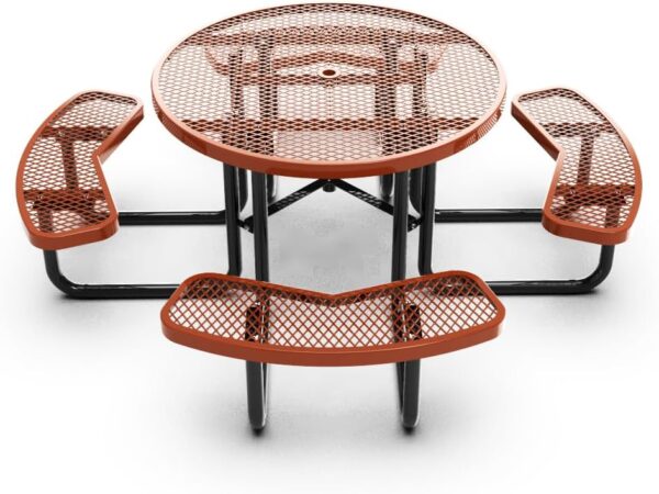 Rust-colored round picnic table, front view