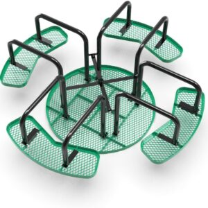 Green round picnic table showing underside frame and benches, top view