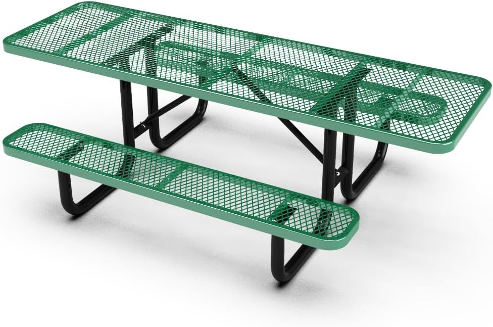 Green rectangular commercial picnic table with perforated metal top and benches, black frame, ADA accessible design