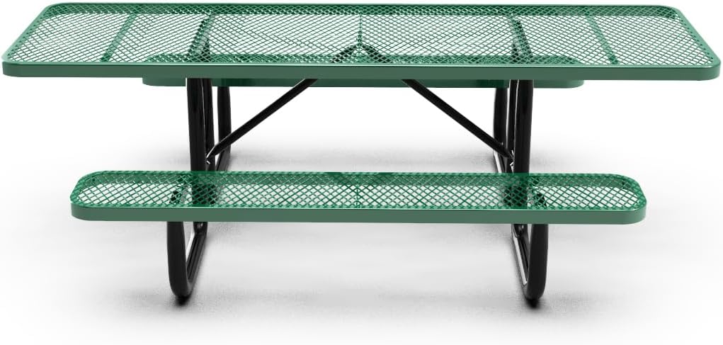 Green rectangular commercial picnic table with attached benches, perforated metal top, and ADA-compliant design for accessible outdoor seating.