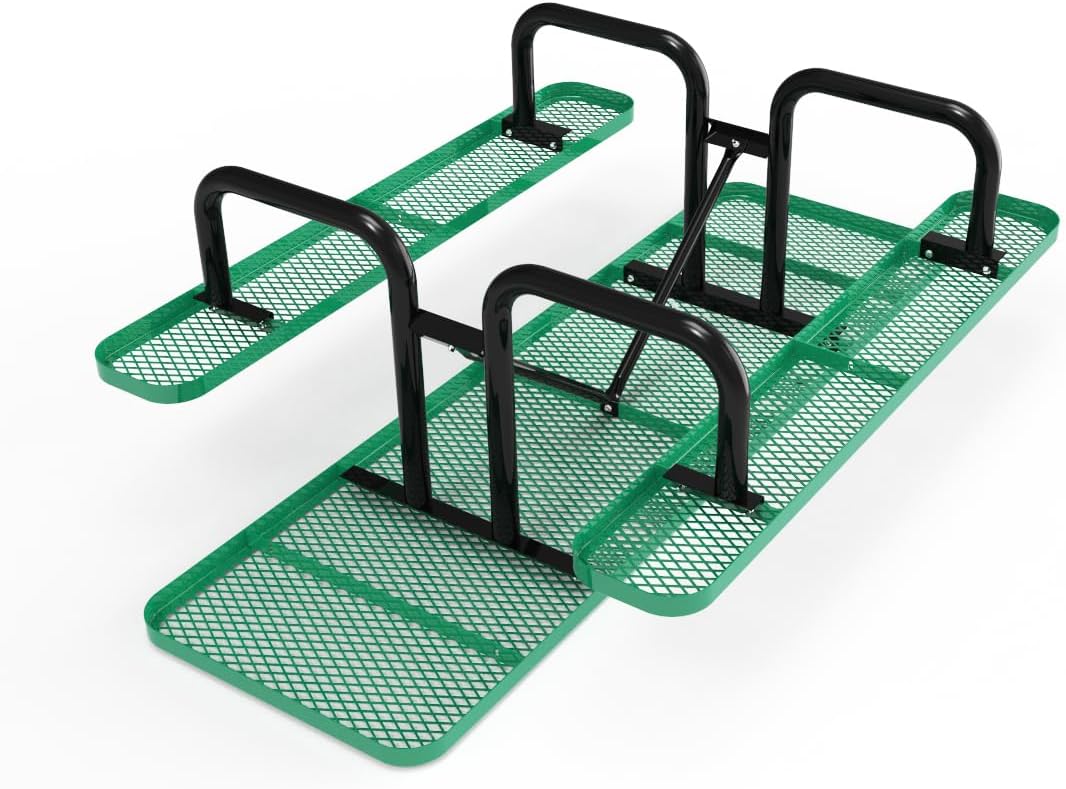 Green metal 8-foot rectangular ADA picnic table with perforated top, black support rails, and accessible bench seating.