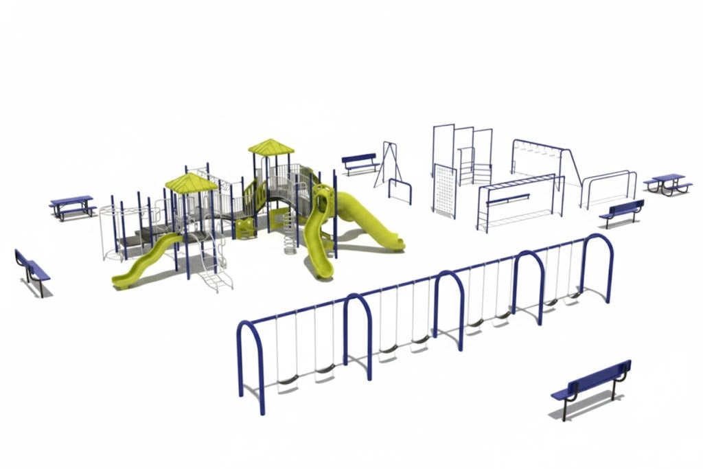 Tetons WillyGoat Complete Playground and Fitness Course with green slides, blue swings, climbing structures, benches on wood chip ground