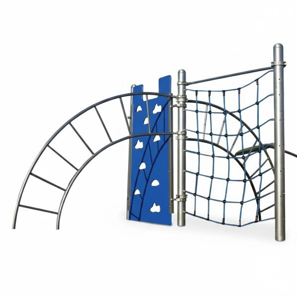 Hercules V Climber playground structure with blue climbing wall, curved sideways ladder, and black net climber for active outdoor play