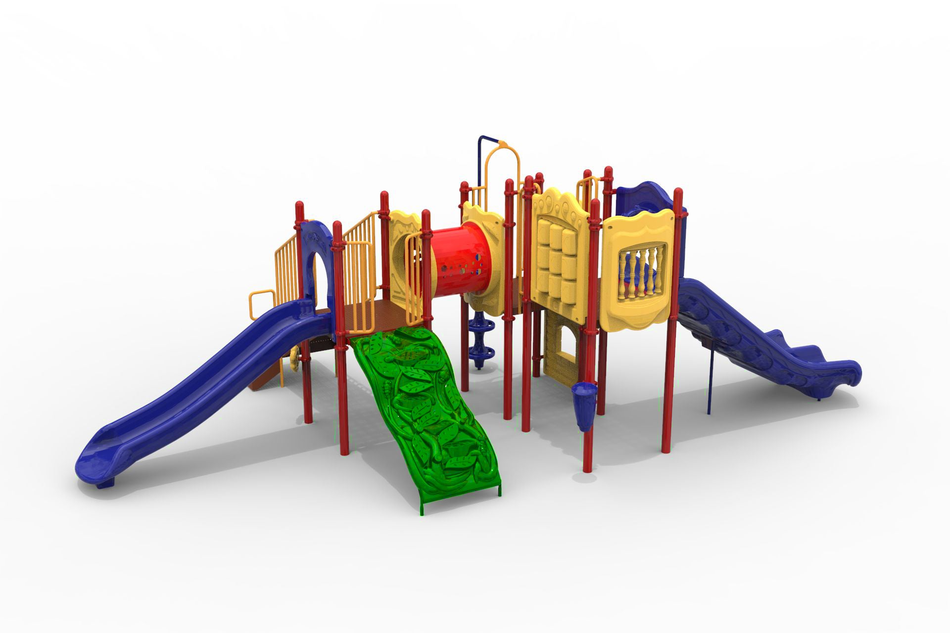Colorful playground structure with double blue slides, green climbing wall, red crawl tunnel, and interactive yellow panels