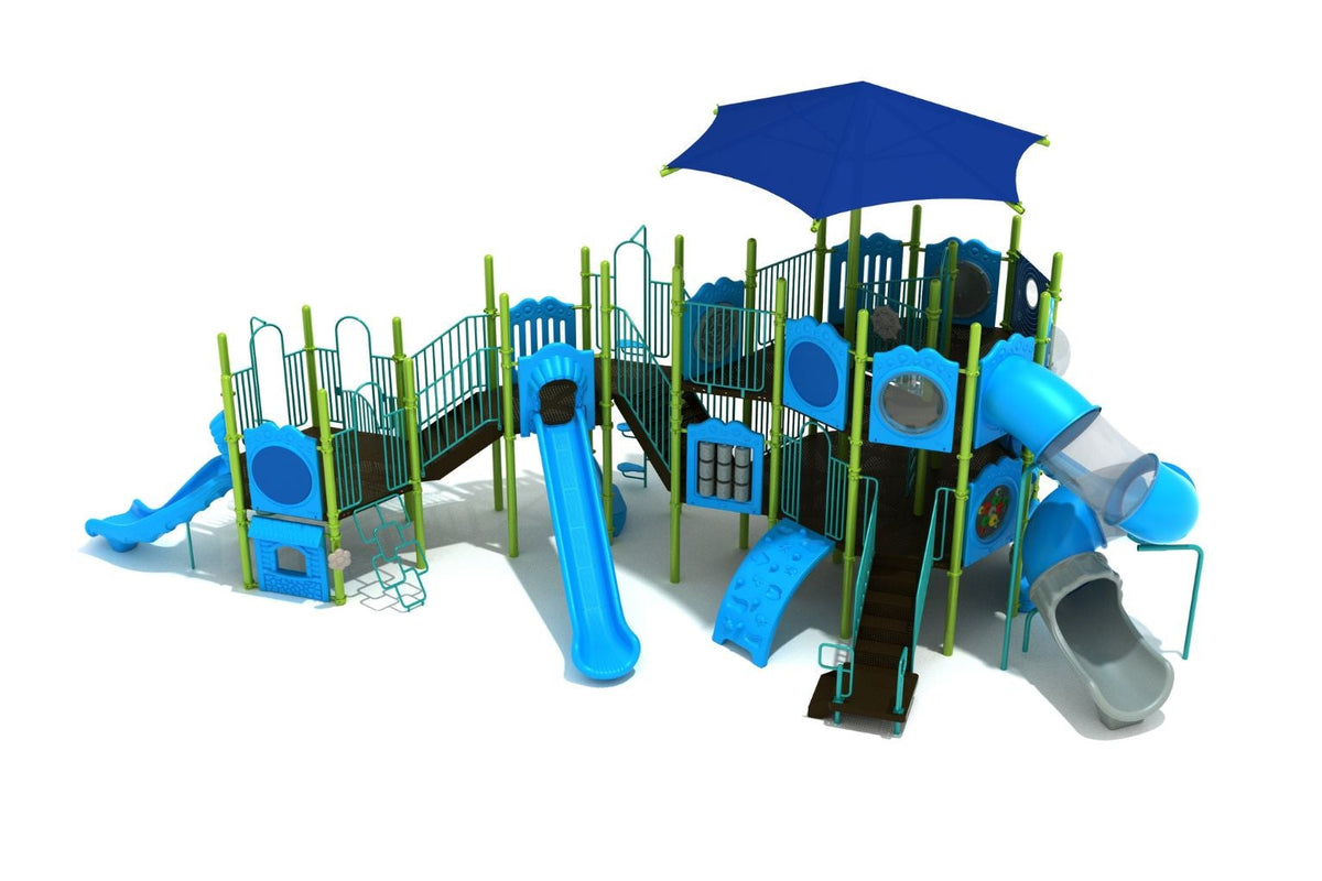 Concord Station Playground large play system with three-story shaded tower, blue slides, climbers, interactive panels, and elevated pathway