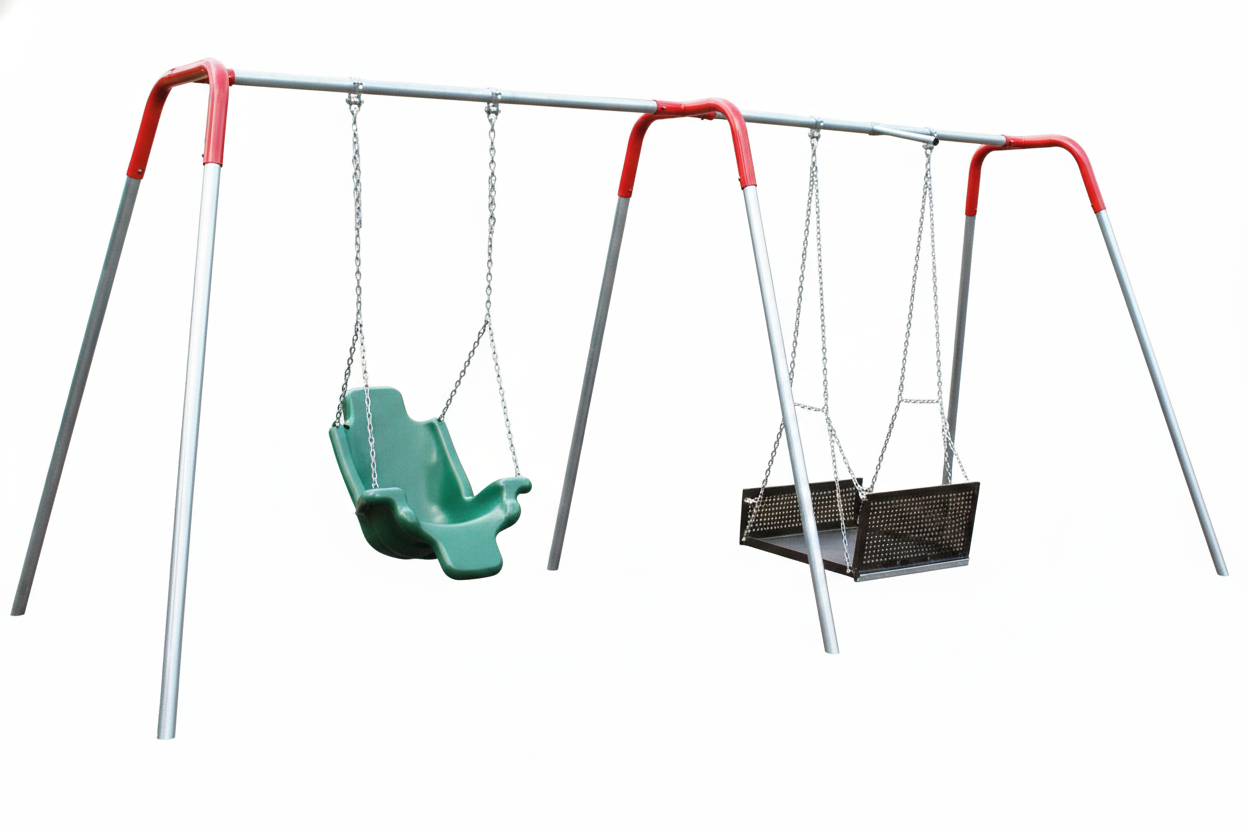 Heavy Duty ADA Swing Set with red and silver frame, green molded seat, and black wheelchair-accessible platform swing surrounded by greenery