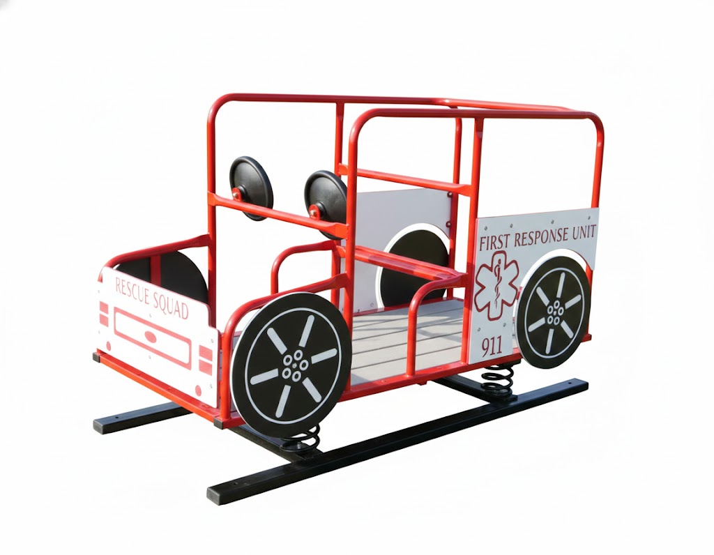 Rescue Truck Multi Passenger Spring Rider with red metal frame, multiple black steering wheels, and rescue squad panels on a spring base