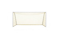 Sub-Collection image Steel Soccer Goals, Set of 2 with durable white steel frames and yellow nets on grassy field, goalkeeper diving to block ball