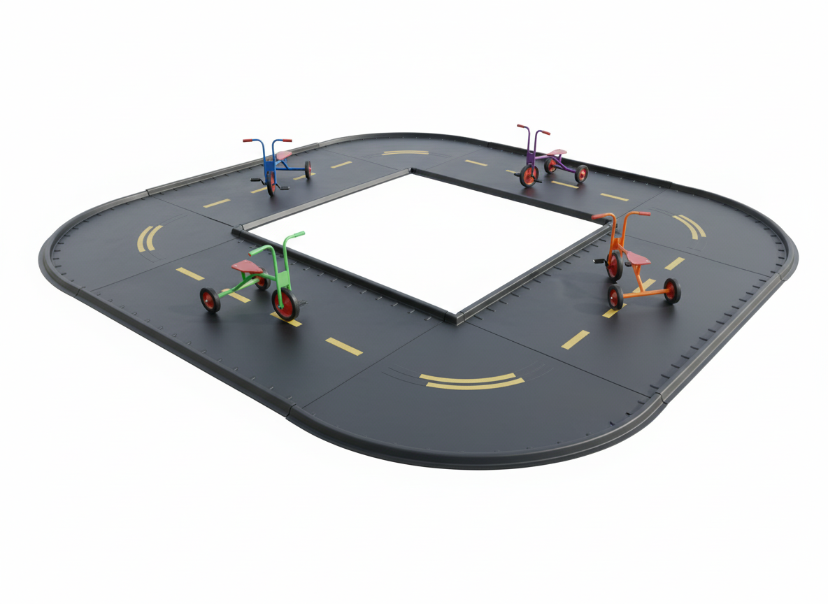 Trike Path with black winding track and four colorful tricycles in blue, purple, green, and orange for active outdoor play and coordination