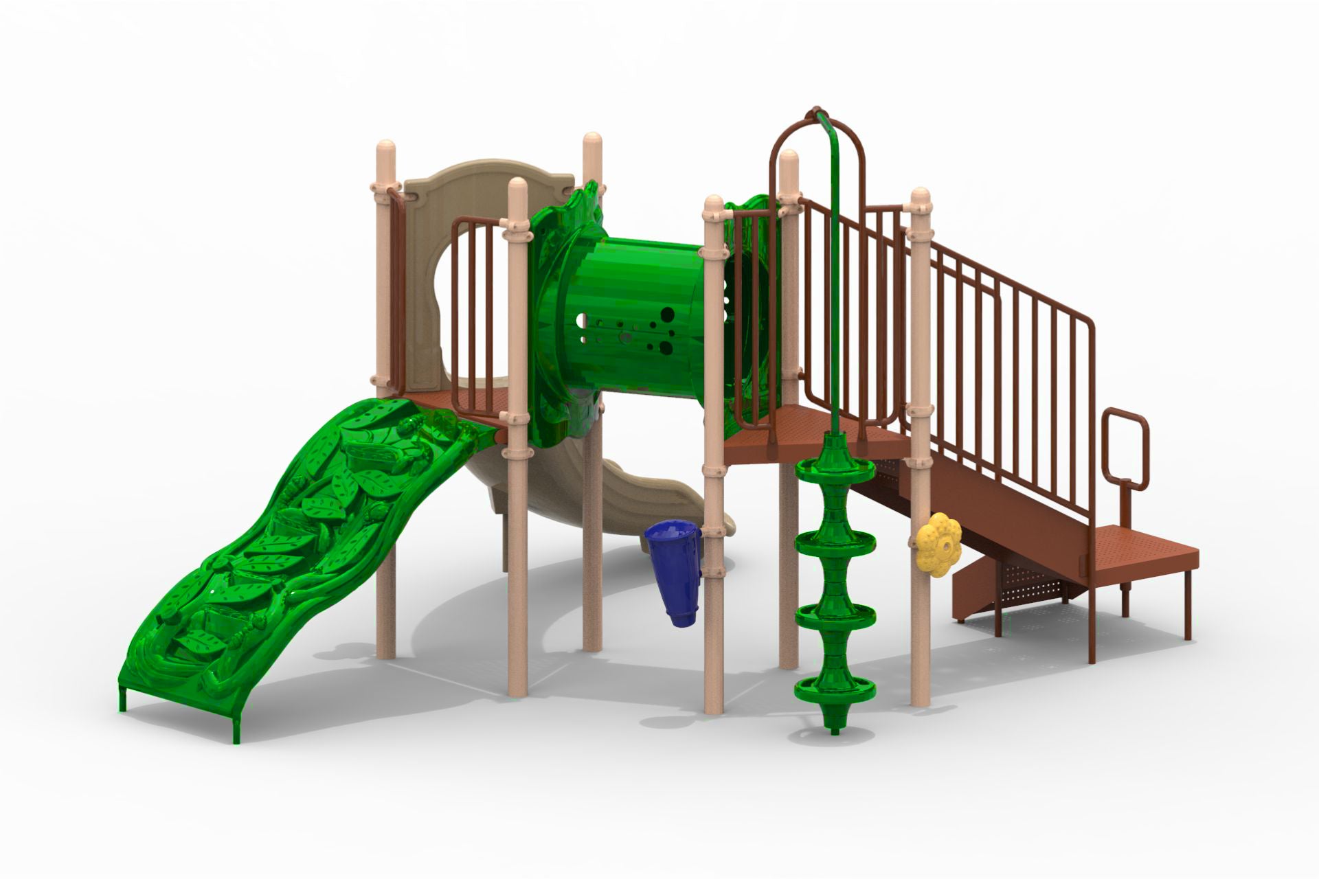 Compact playground structure with green climbing wall, tunnel, slide, and interactive panels in natural brown and beige tones