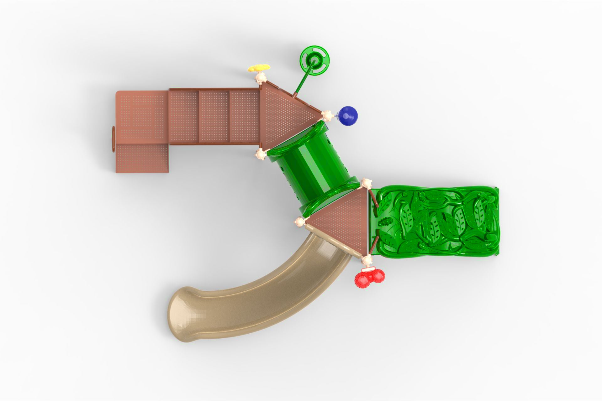 Overhead view of compact playground with curved slide, green tunnel, climbing wall, and interactive panels in earth tones