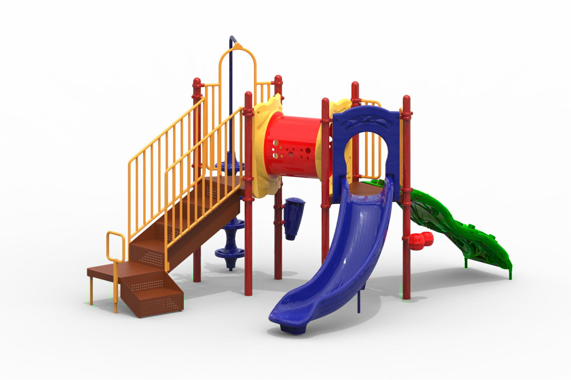 Compact playground structure with blue and green slides, red and yellow climbing elements, and a red tunnel connector