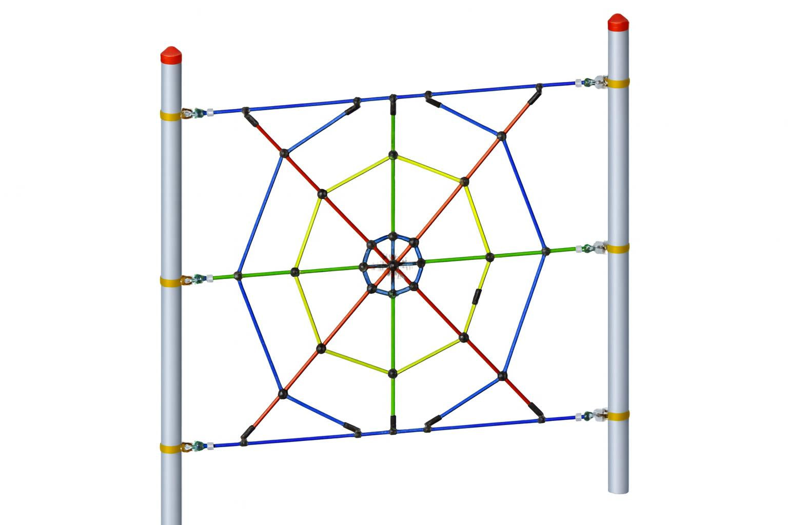 Overhead view of Vario Spider Web vertical outdoor climbing net with multicolored ropes and steel posts for playground activity and development