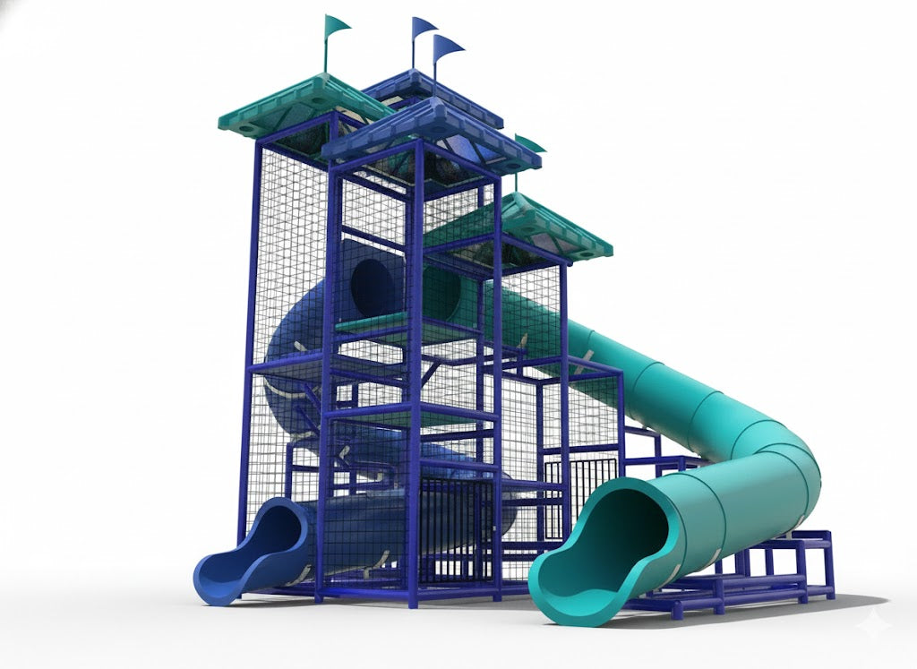 The Red Sea Water Slide with two curved blue and teal slides, metal frame, protective netting, and poolside setting under a partly cloudy sky