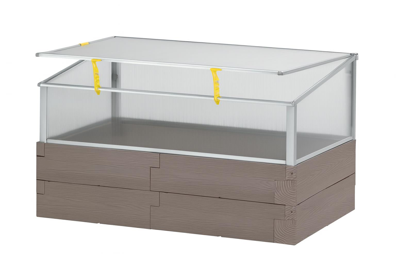 Poly Timber Raised Bed with weather-resistant wood-textured poly timber base and clear polycarbonate cold frame cover with yellow latches on grass lawn