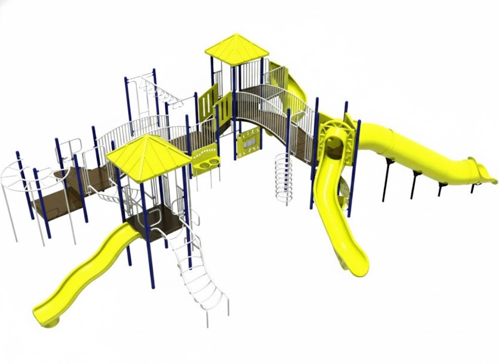 Overhead view of Thomas ADA Modular Playground with yellow slides, blue support posts, climbing structures, and elevated accessible platforms