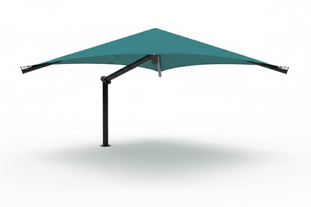 Single Post Pyramid Cantilever Shade Structure with teal UV-blocking fabric over green park benches on concrete pad in sunny park