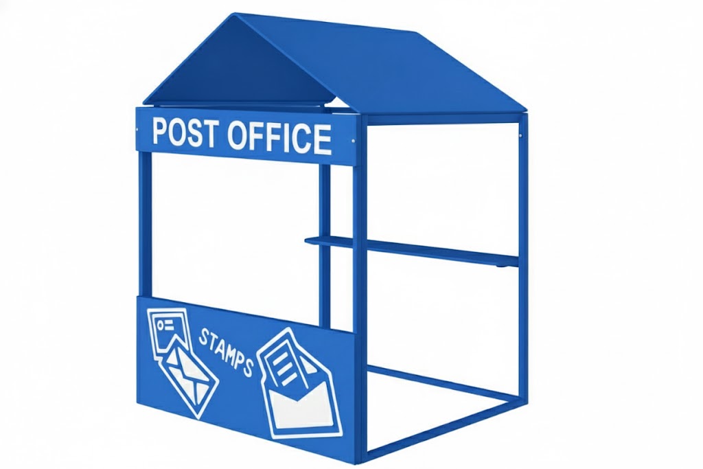 Post Office Playhouse blue metal playhouse with "Post Office" sign, stamp graphics, and play mail packages on grass