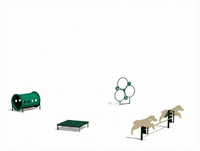 Sub-Collection image Novice Dog Exercise Course with green tunnel, hoop jump, platform, and jump bars featuring dog-shaped cutouts on mulch pads