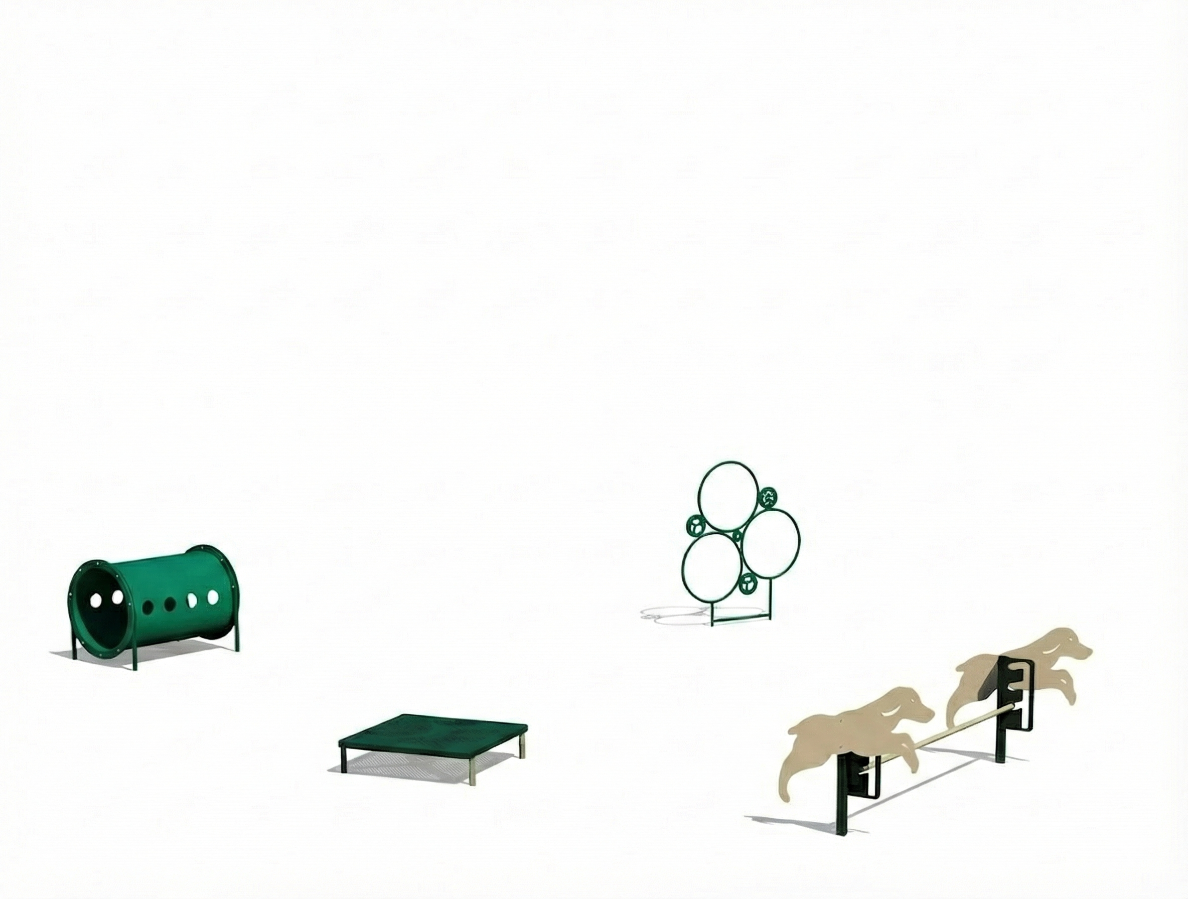Novice Dog Exercise Course with green tunnel, hoop jump, platform, and jump bars featuring dog-shaped cutouts on mulch pads