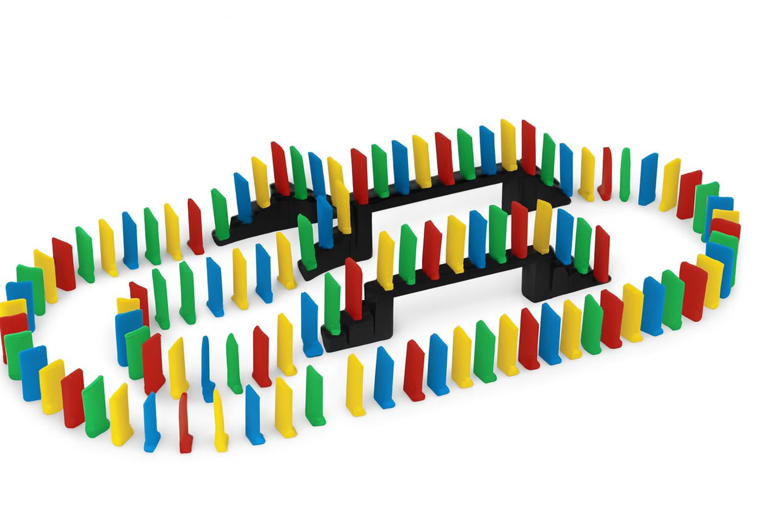 Easy Stand Domino Set with colorful, extra large dominoes and black bridges arranged in a curved pattern on floor