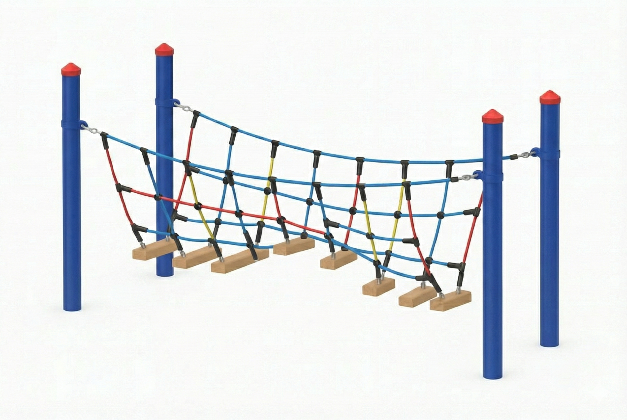 Catwalk Adventure Bridge with blue posts, colorful rope netting, and wooden stepping planks for playground climbing