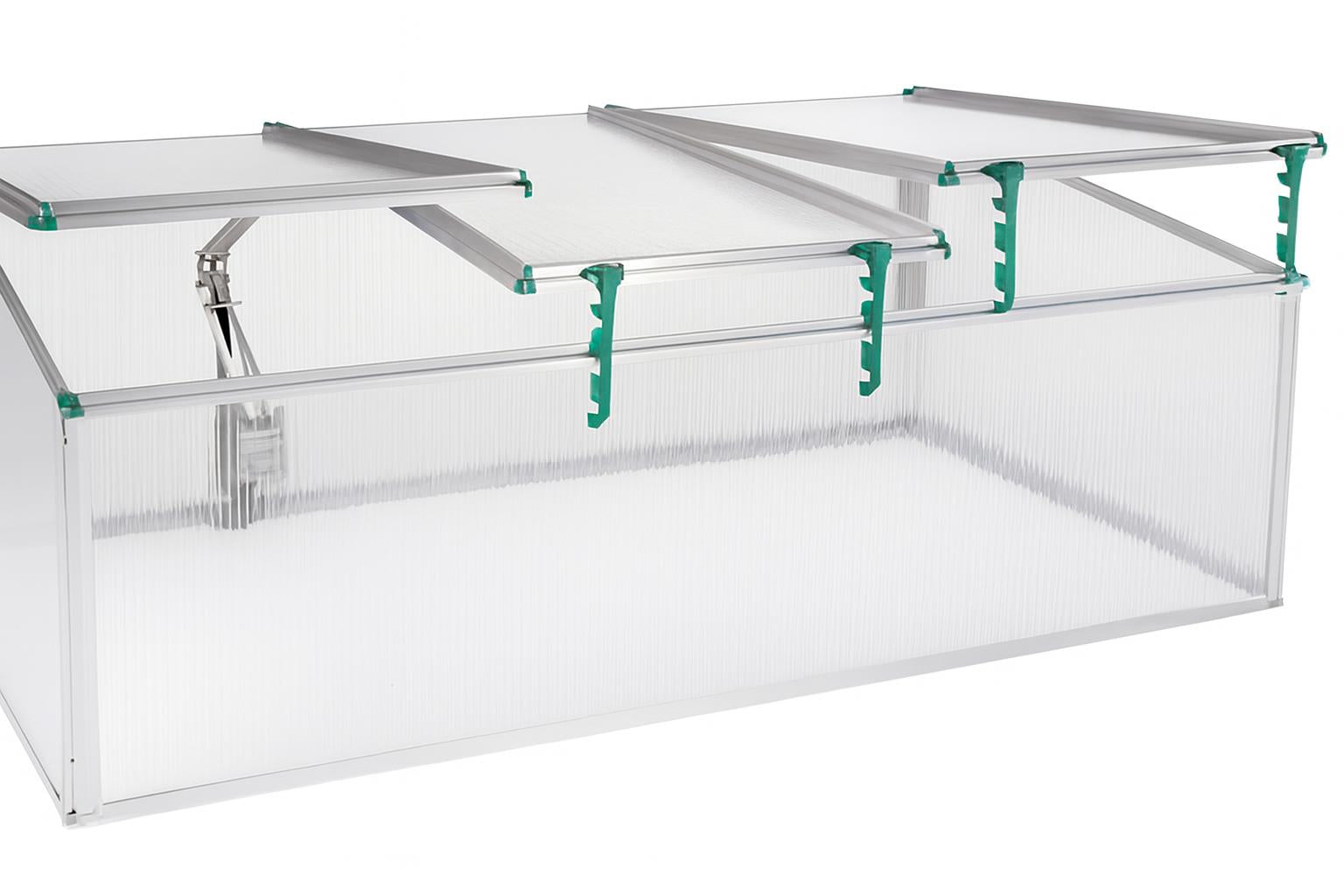 BioStar 1500 Premium Cold-Frame with three adjustable roof windows, clear UV-resistant polycarbonate panels, and green plants inside
