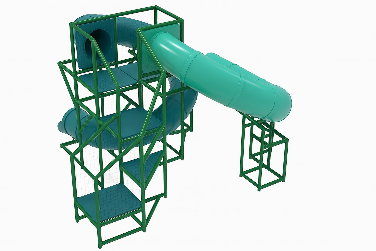 Clearwater River Water Slide with dual twisting green tube slides, open stair access, and safety netting beside a pool