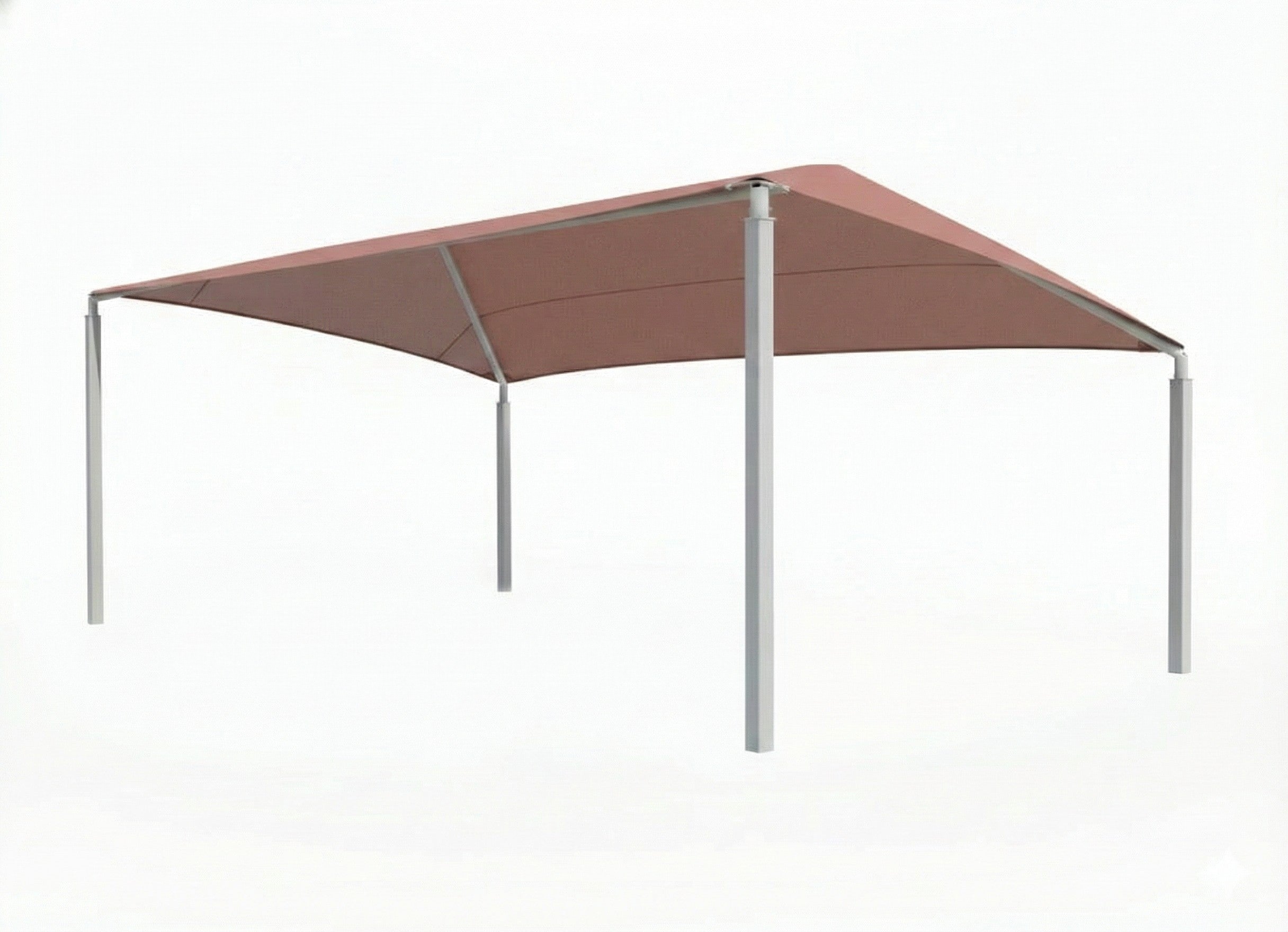 Slanted Hip Shade Structure with four gray posts and rust-colored sloped canopy over baseball bleachers for sun and foul ball protection