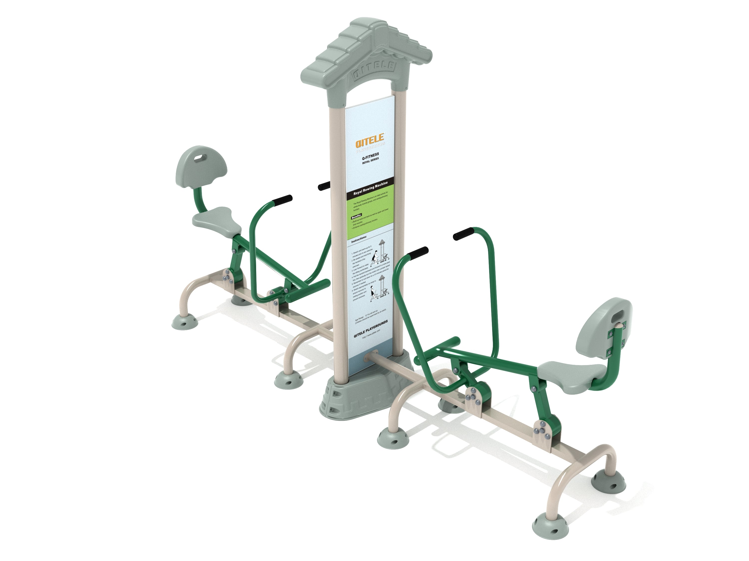 Royal Double Station Rower outdoor fitness equipment with dual green handles, two seats, and instructional panel for shared workouts