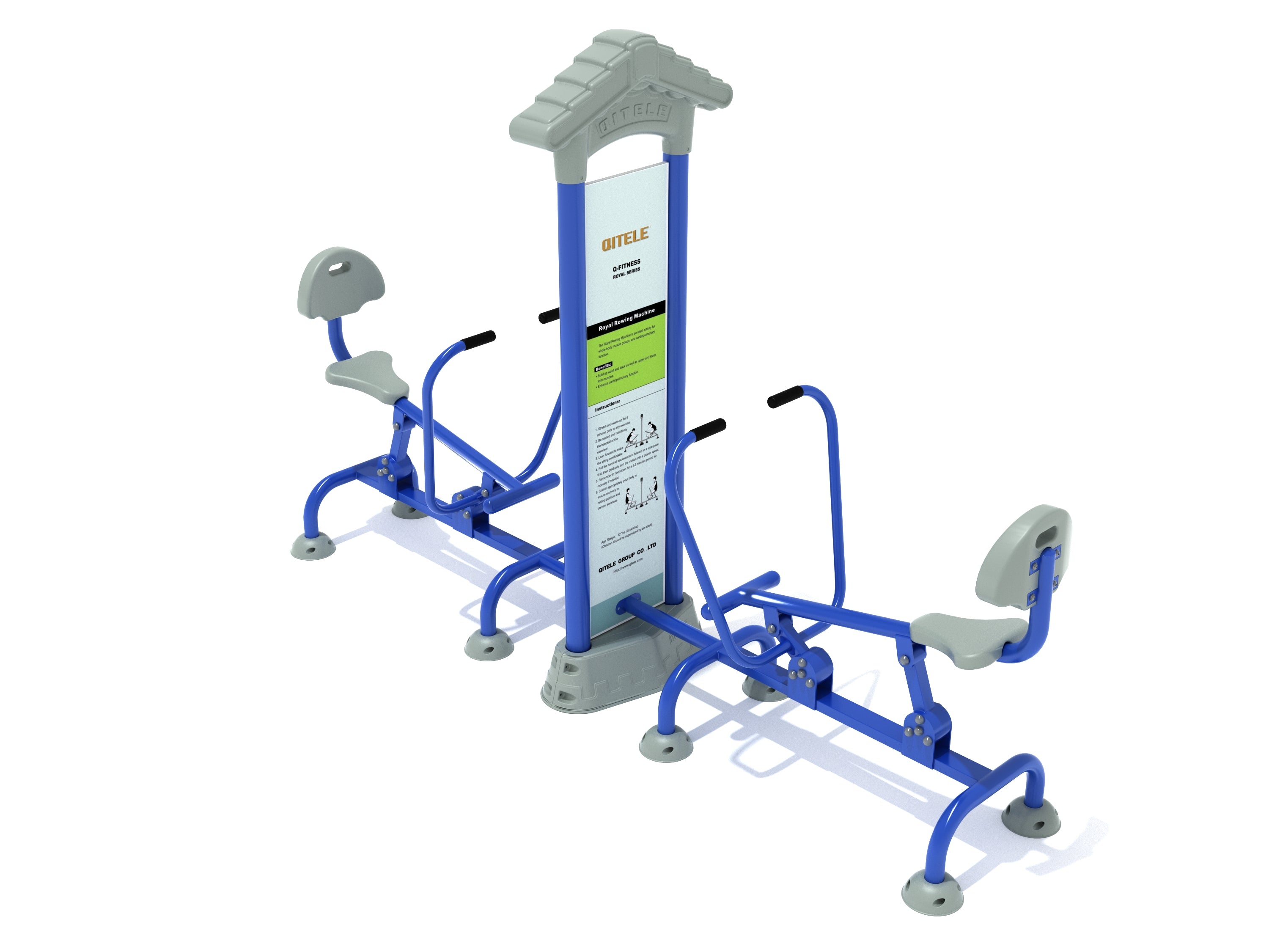 Dual-seat outdoor rowing machine with blue frame, gray seats, handles, and central instructional panel for partner workouts.