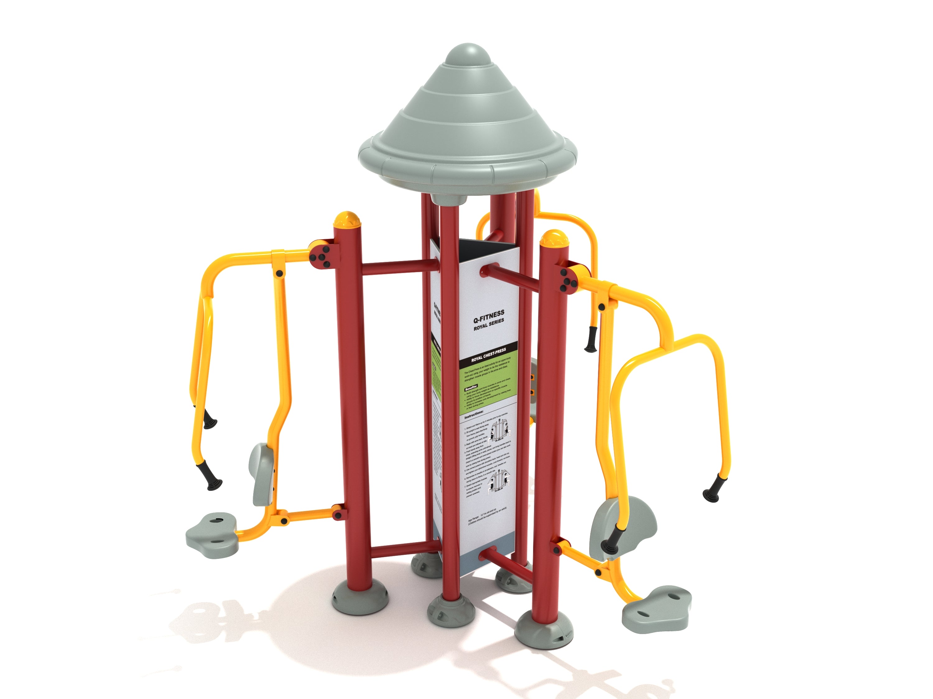 Outdoor triple station chest press with red steel frame, yellow handles, gray seats, and instructional panel for upper body workout