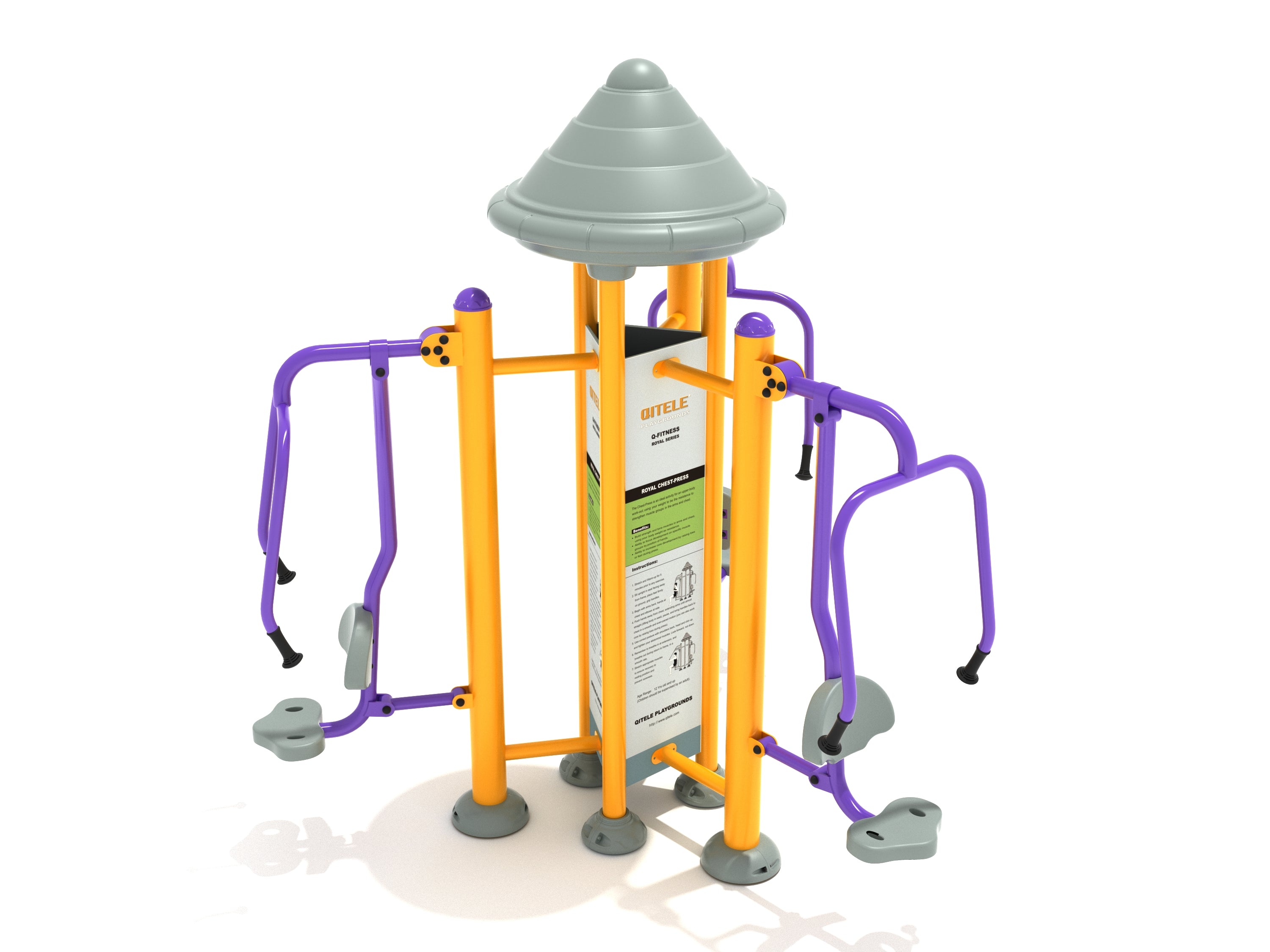 Outdoor triple station chest press with orange steel frame, purple handles, gray seats, and instructional panel for upper body workout