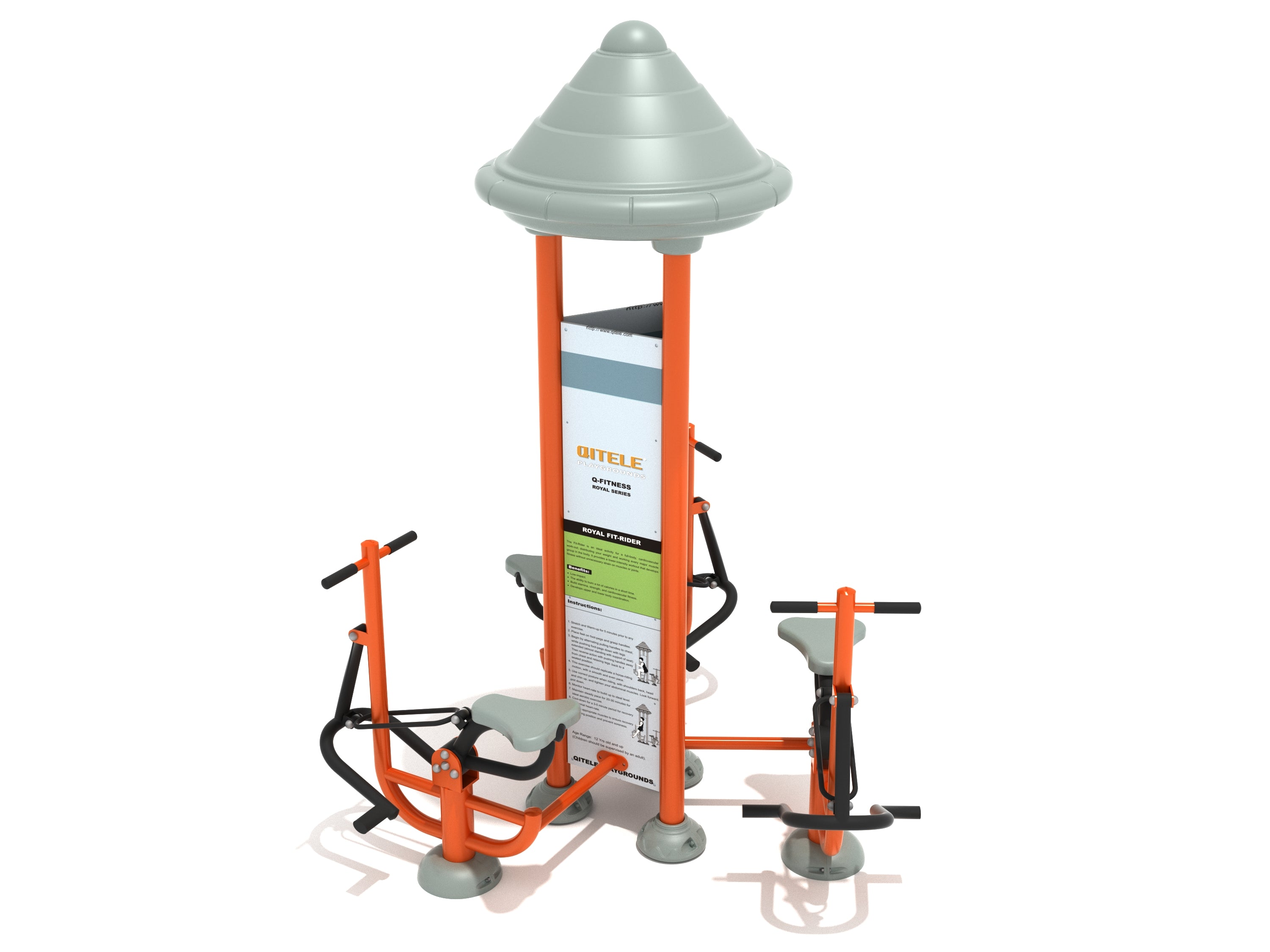 Outdoor triple cardio fitness station with three seats, handlebars, instructional panel, and conical roof for group workouts