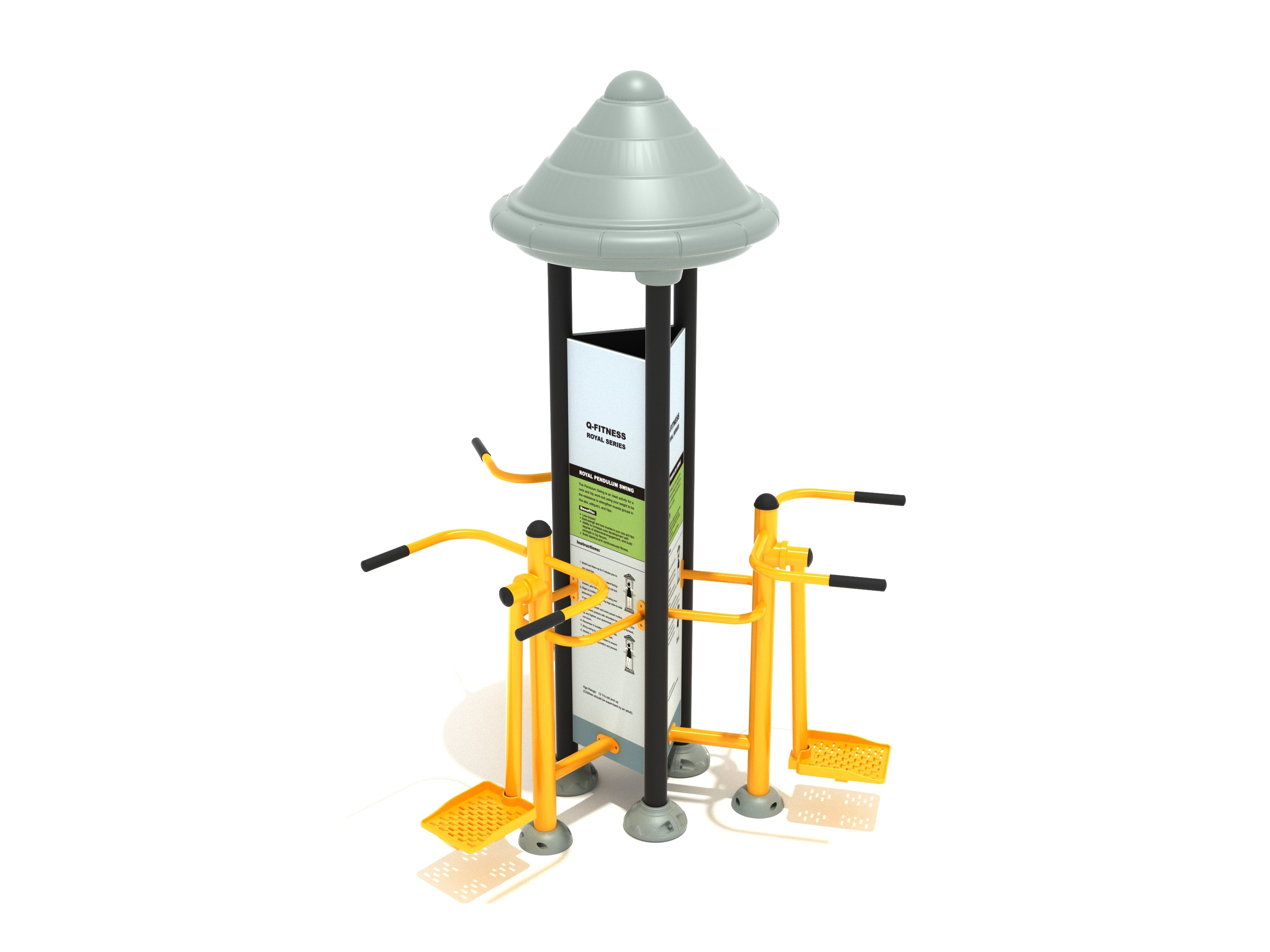 Royal Triple Station Pendulum Swing outdoor fitness equipment with three yellow workout stations, gray canopy, padded handles, and textured footpads