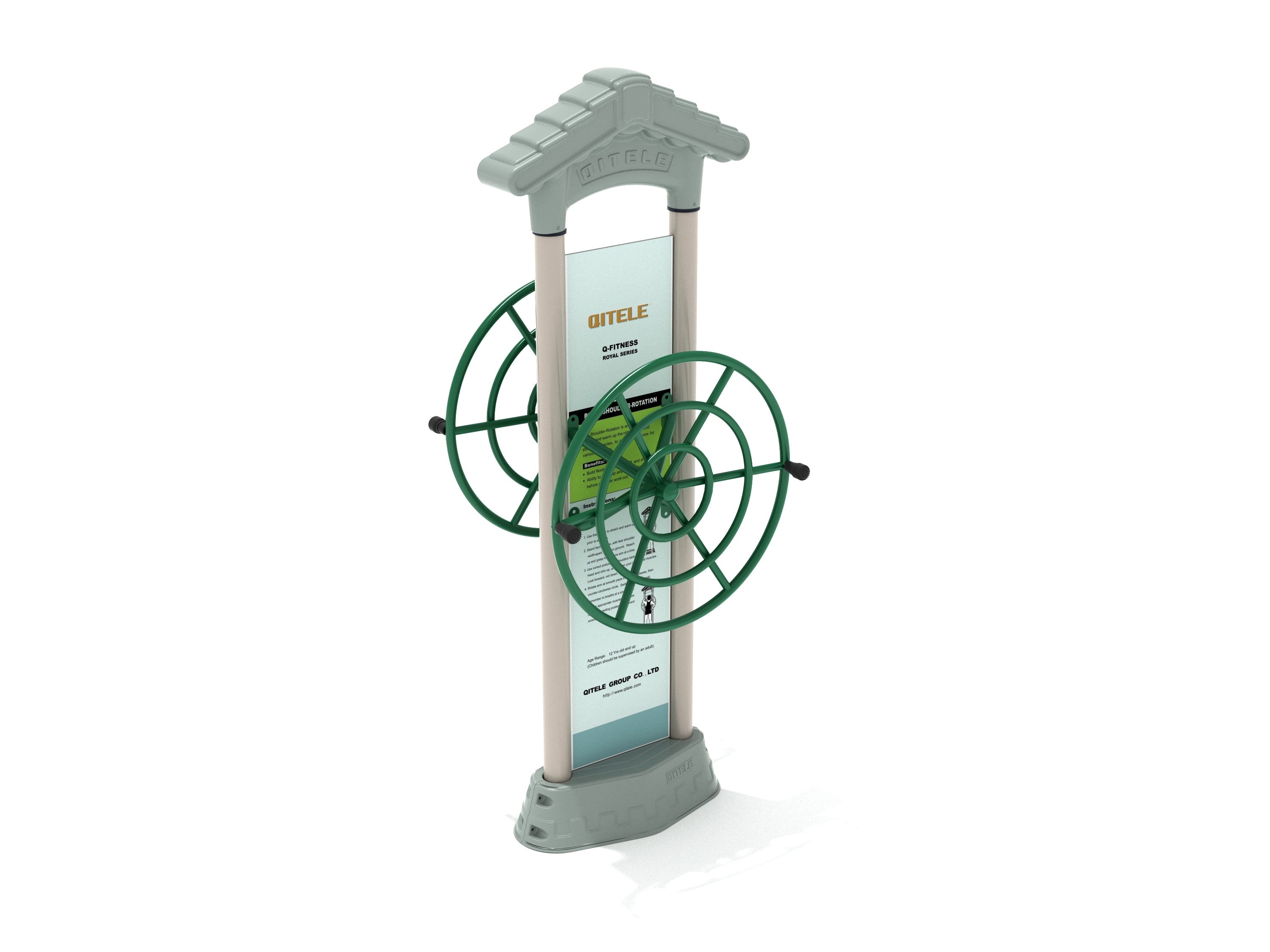 Royal Double Station Shoulder Rotation outdoor workout equipment with dual green rotating wheels and beige frame for shoulder flexibility and strength