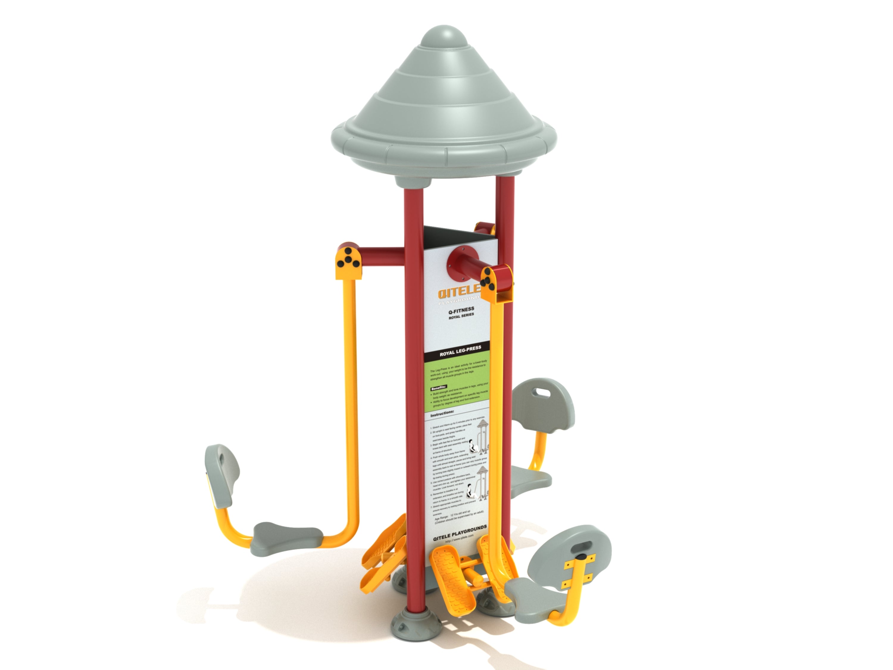 Royal Triple Station Leg Press with three yellow and gray seats and foot pedals around a central red and gray frame for outdoor group leg workouts