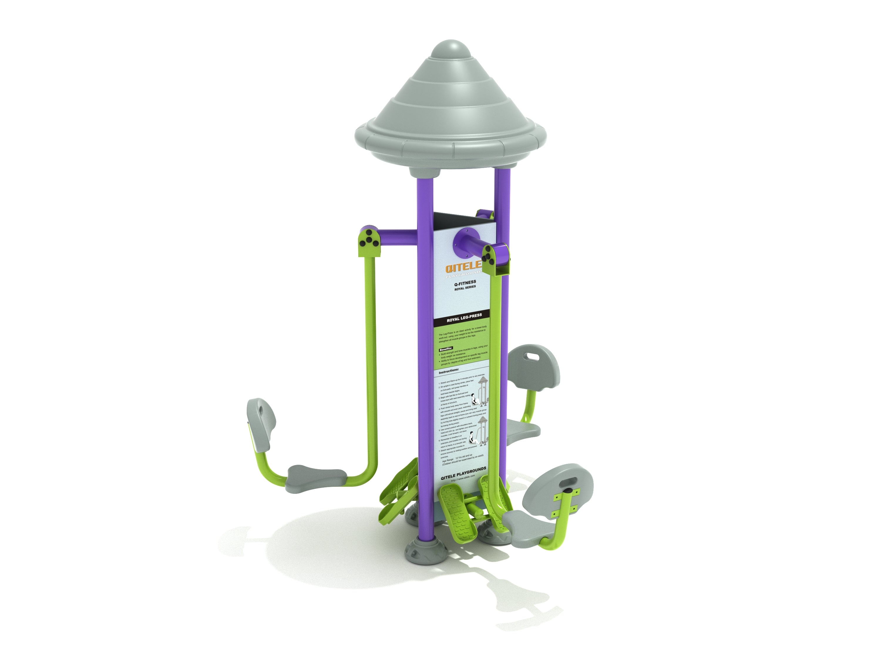 Outdoor triple leg press with purple frame, green pedals, and gray seats for group lower body strength training