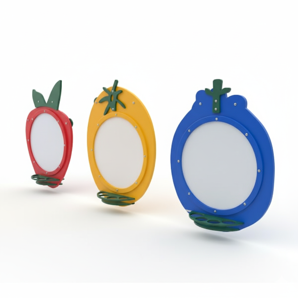 Fruit Art Panel with three colorful fruit-shaped play panels in red, yellow, and blue, each featuring a circular white drawing surface and green holders.