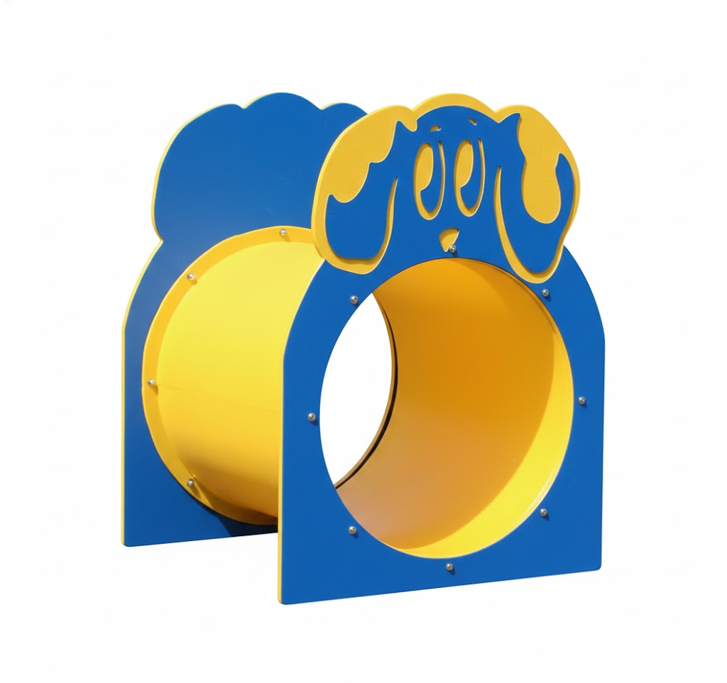 Duke The Dog Playground Tunnel with blue dog-shaped frame and yellow crawling tunnel for kids' play areas