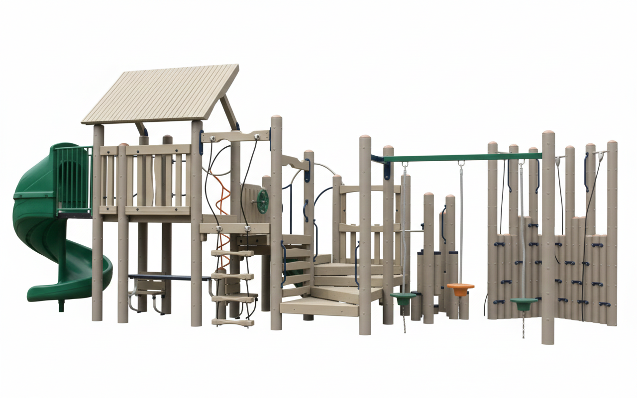 Legend Play System outdoor playground with spiral slide, climbing walls, platforms, and hanging stepping pods in beige and green
