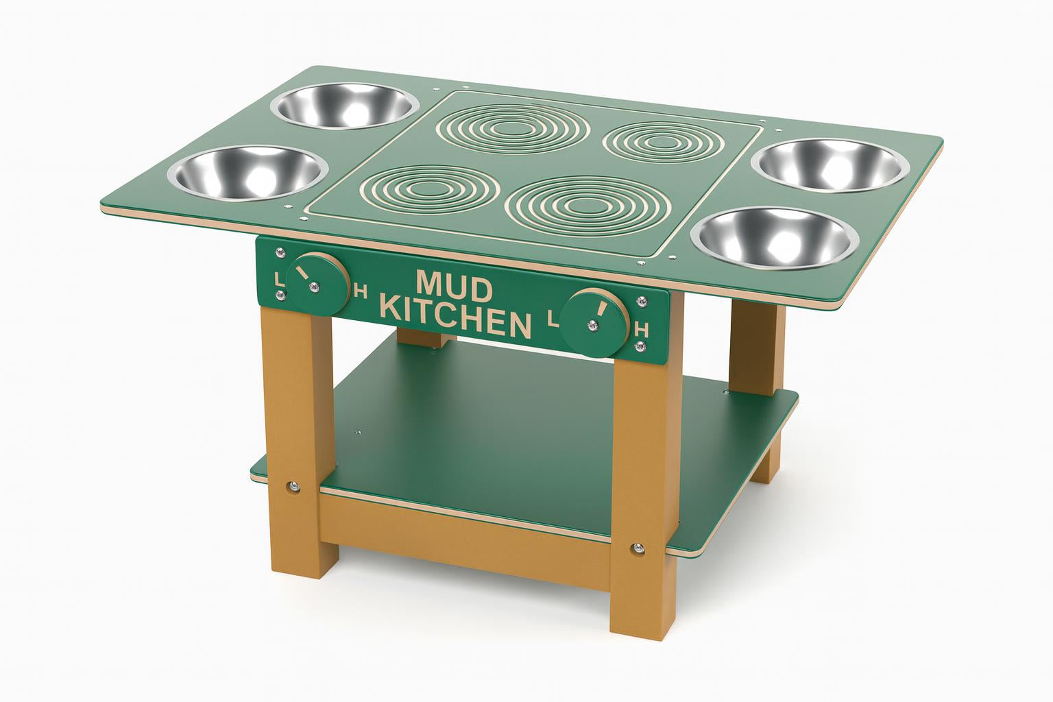 Island Mud Kitchen Commercial Play Event with green tabletop, four metal bowls, stove burner designs, and turning knobs on wooden legs
