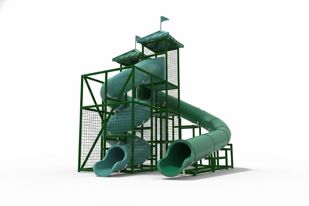 Mobile Bay Water Slide with two green spiral and curved flumes, metal frame, and peaked roofs beside pool and white picket fence