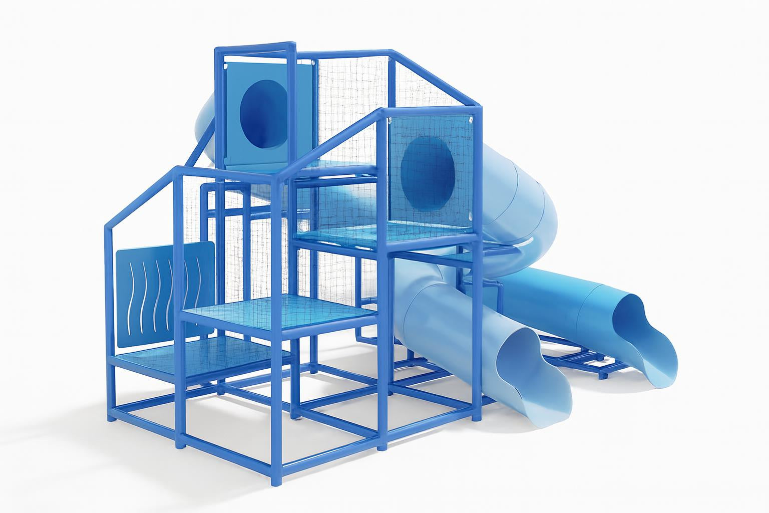 Gallatin River Water Slide with dual blue tubular racing slides, open stair access, and curved paths beside an outdoor pool