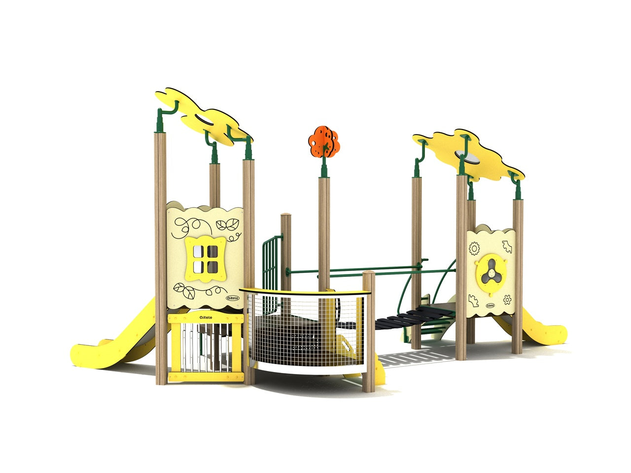 Gray Beech Canopy Quest play structure with two yellow slides, bridge, and canopy toppers, front view