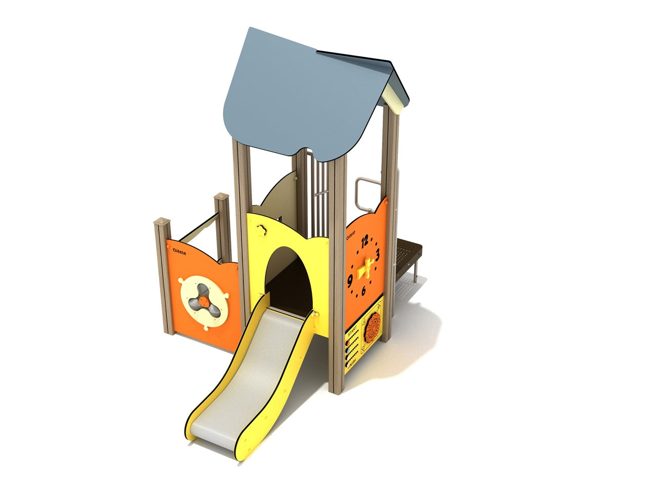 Front angle view of Border Pinyon Canopy Quest play structure with roof, right-turn quest slide, and activity panels