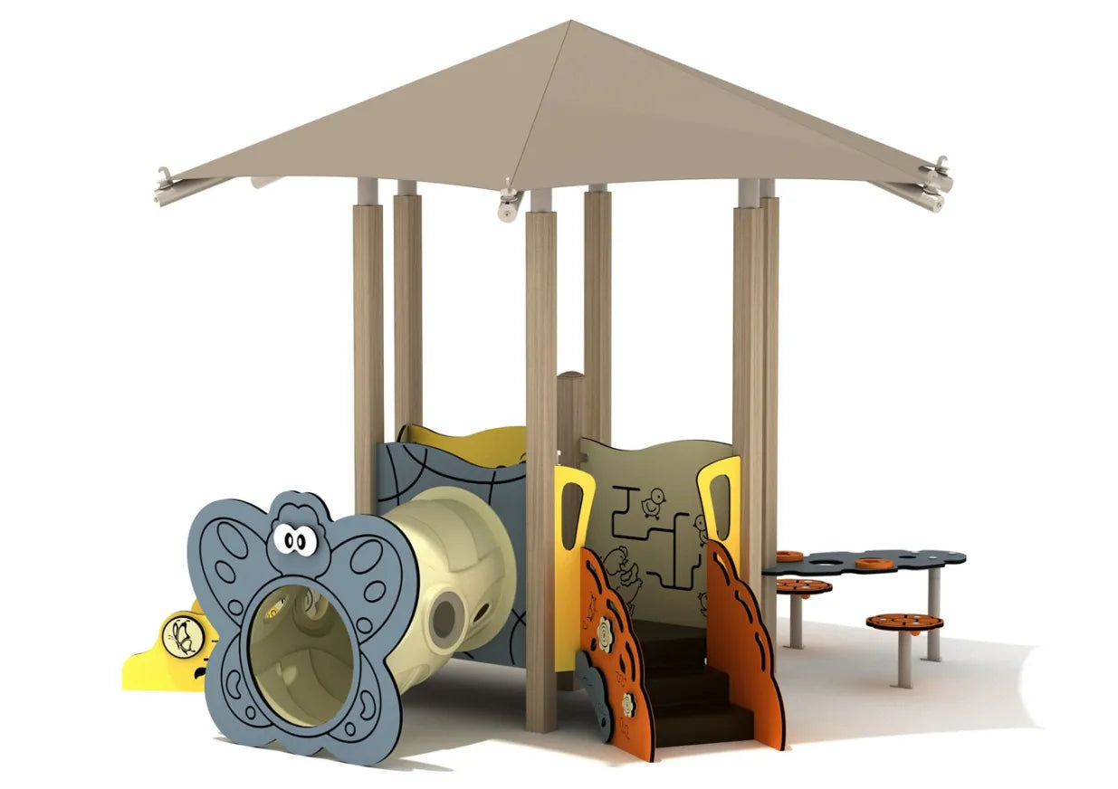 Lilac Canopy Mini Play Structure with canopy roof, butterfly-faced crawl tunnel, steps and play panels, front angle view