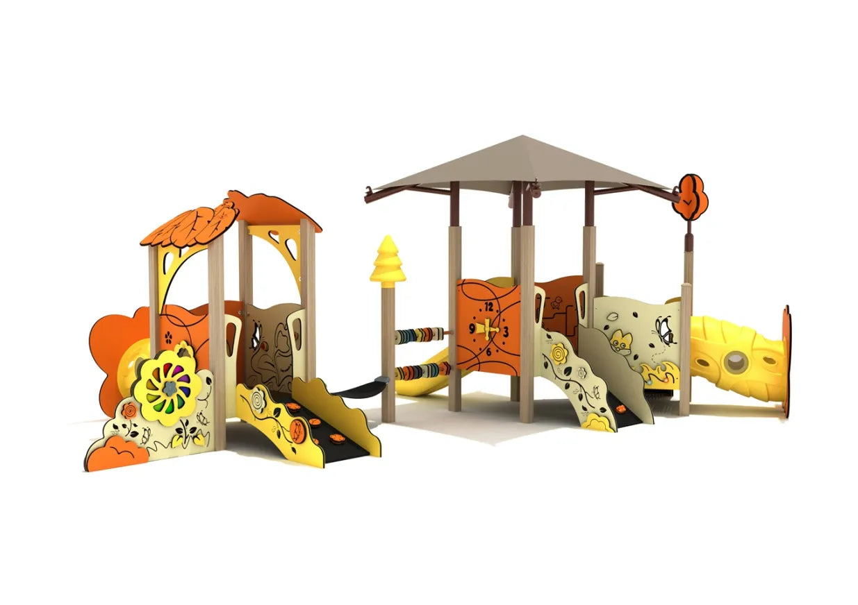 Crabapple Canopy Mini Play Structure with canopy, slides, crawl tunnel, and woodland-themed panels – front angled view